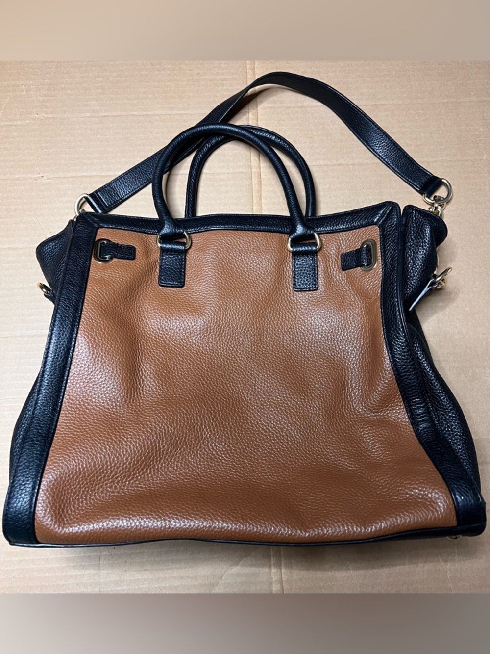 Michael Kors Large Leather Satchel Brown Black Gold Hardware Tote Bag - Picture 3 of 9
